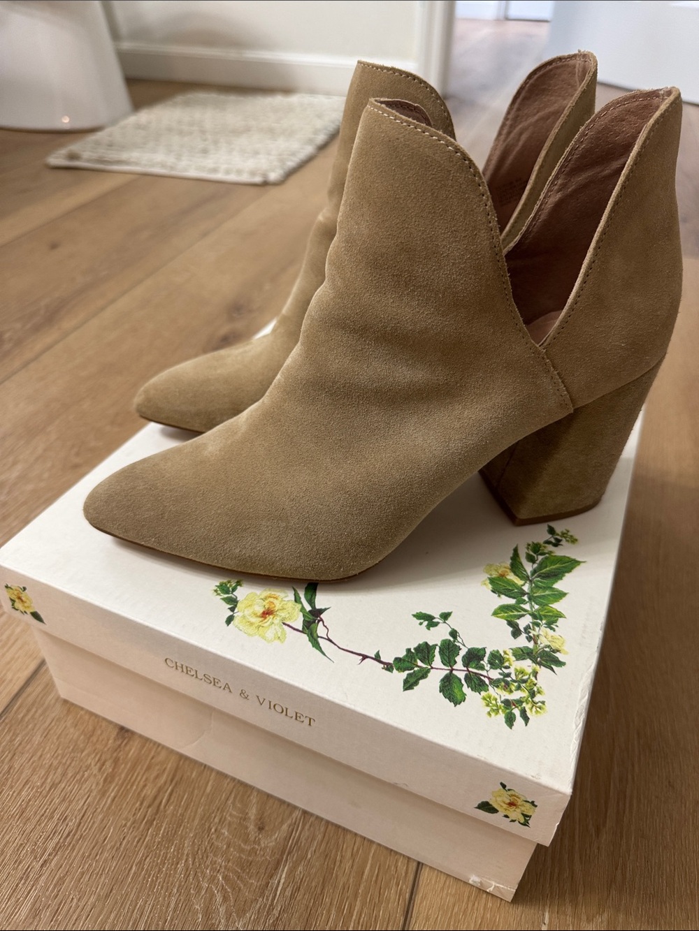 Chelsea & Violet Camel Suede V-Cut Block Heel Booties